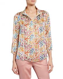 room floral-print mock-neck button-front  top at Neiman Marcus